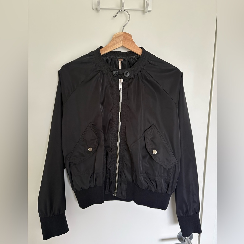 Free People Black Zip-Front Bomber Jacket